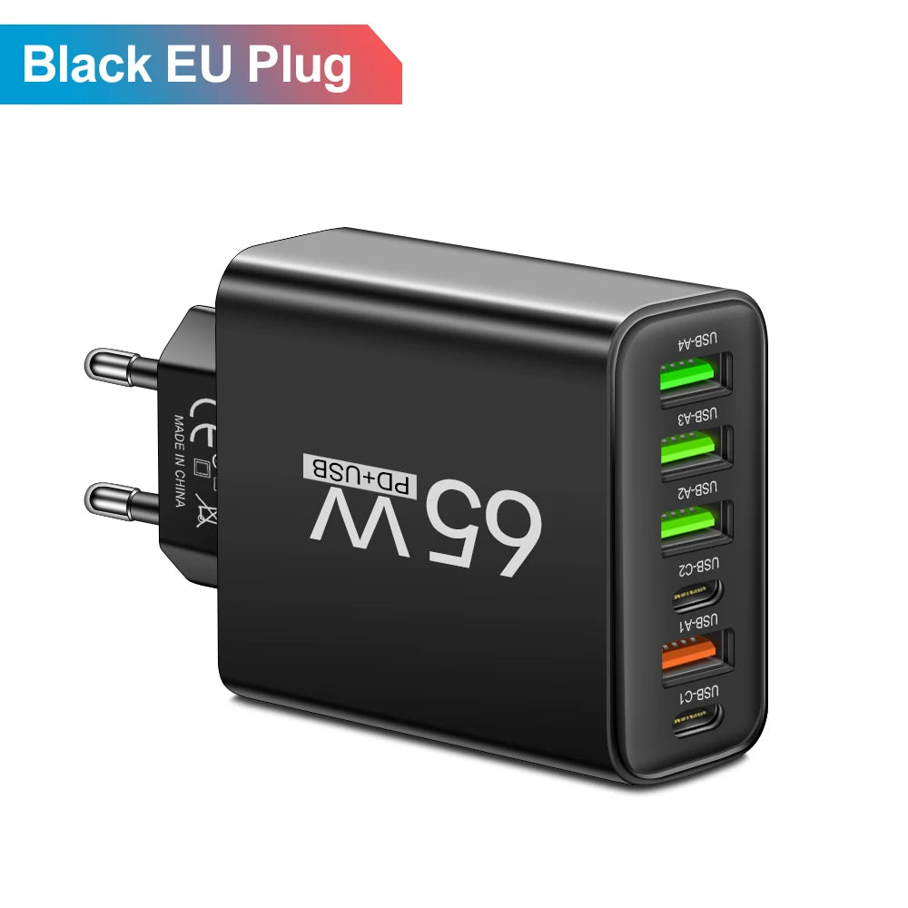Chargeur Mural 65W Ultra Rapide 6-en-1 | 4 Ports USB + 2 Type-C – Charge Universelle pour iPhone, Samsung, Xiaomi, Huawei, Oppo